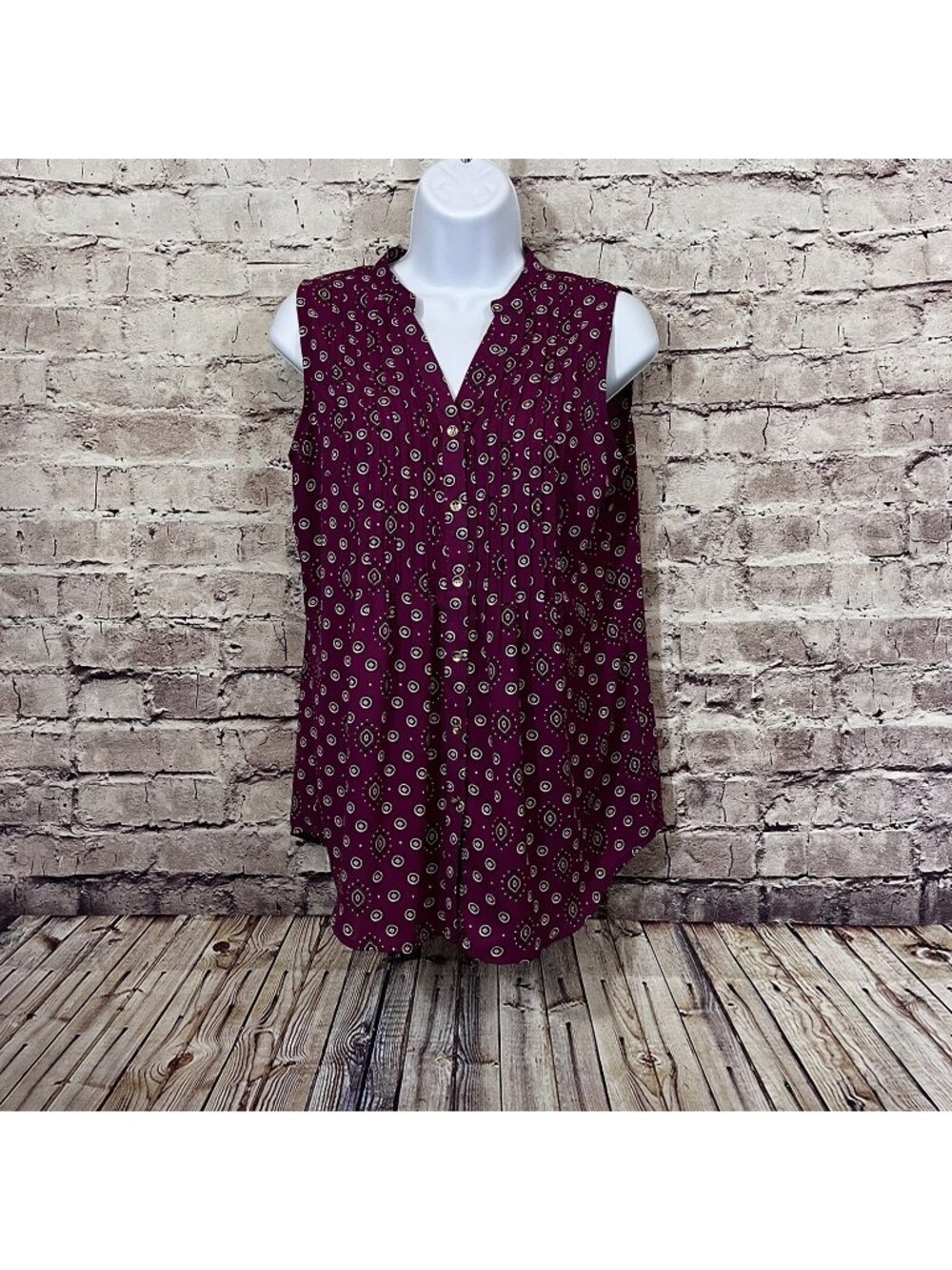 Charter Club Magenta Geometric Button Sleeveless Blouse